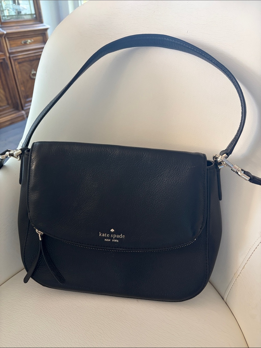 kate spade Black Pebbled Leather Shoulder Bag with Flap